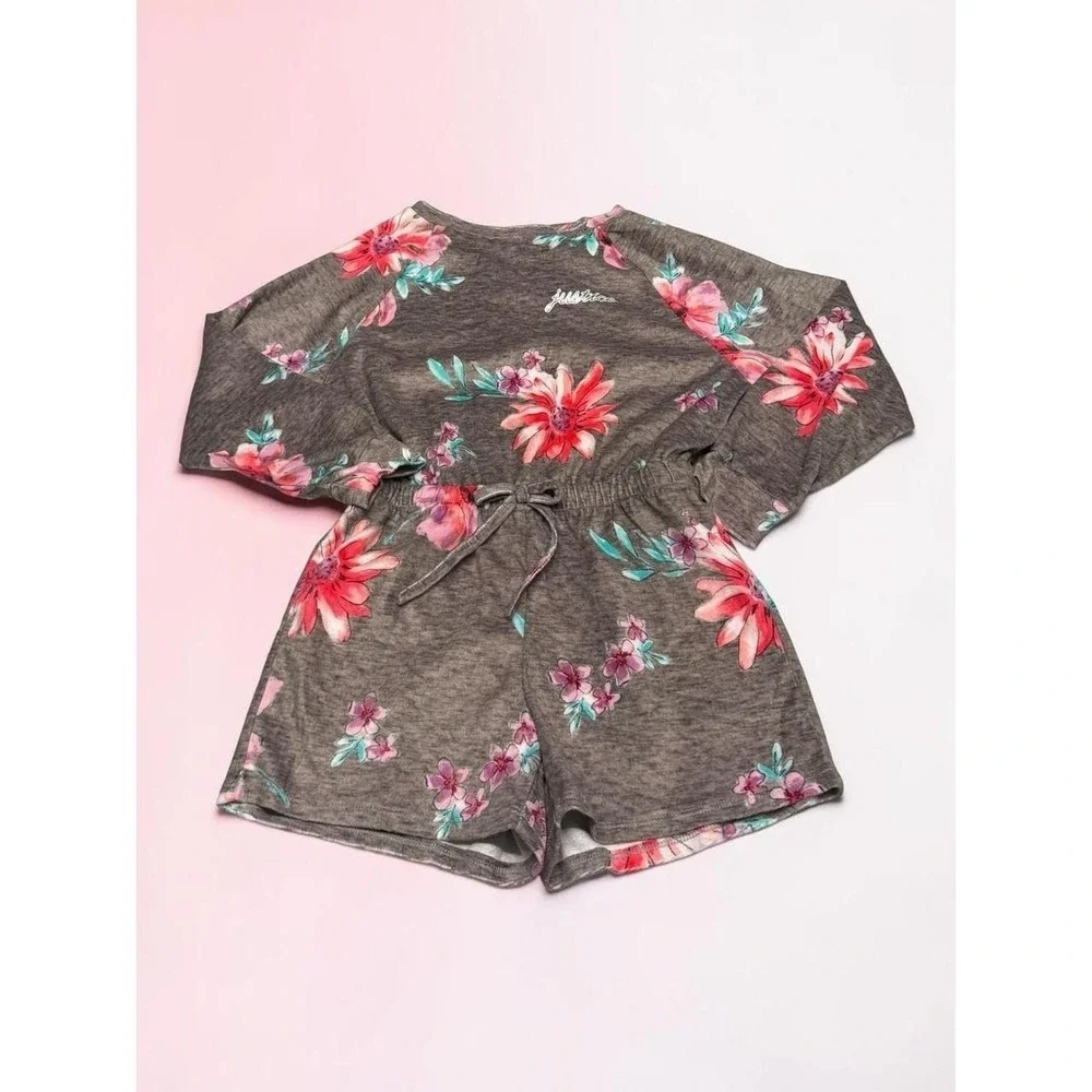 Justice Sleep Girls Gray Floral Long Sleeve Romper Pajamas Size M 8/10